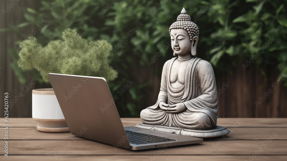 buddha statue infront of laptop  - obrazy, fototapety, plakaty 