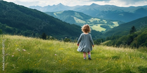 Happy beautiful young girl in meadow relaxing in nature. Cute child enjoying summer outdoors landscape