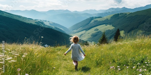 Happy beautiful young girl in meadow relaxing in nature. Cute child enjoying summer outdoors landscape