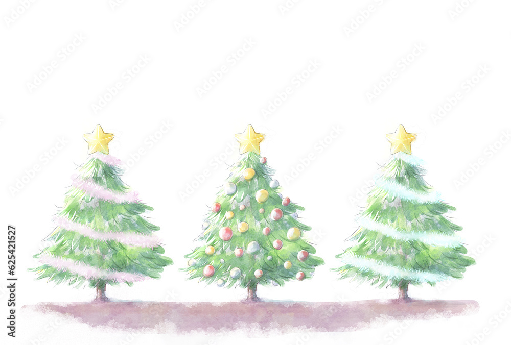 水彩のクリスマスツリーが並んだイラスト