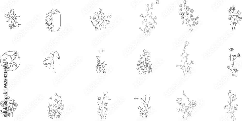minimal line flower and botanical graphic sketch drawing, trendy tiny tattoo design, floral elements vector illustration minimal line flower and botanical graphic sketch drawing, trendy tiny tattoo design, floral elements vector illustration