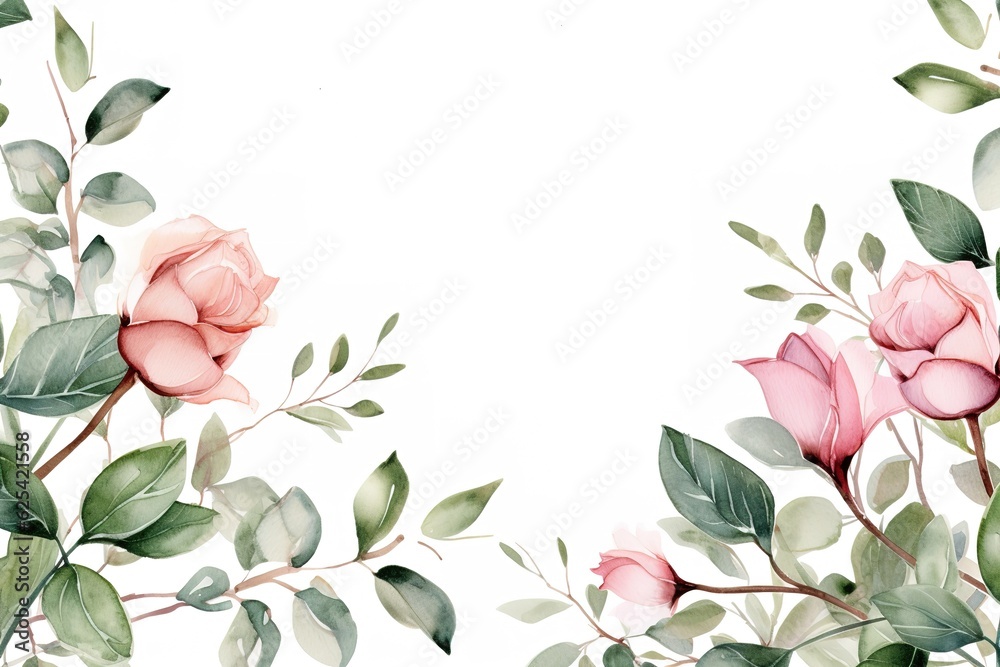 Watercolor floral frame border with leaves and roses - obrazy, fototapety, plakaty 
