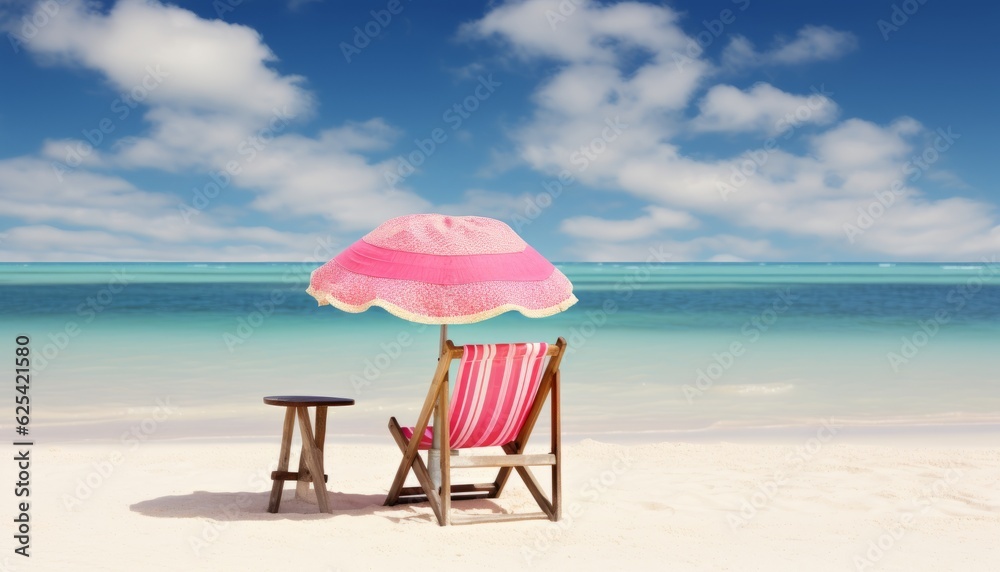 Beach chairs with pink hat on white sandy beach