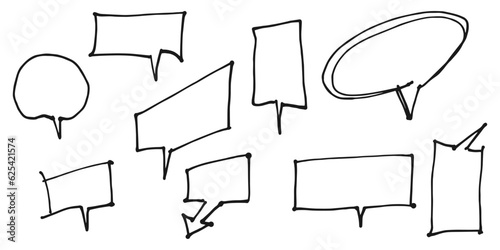 Hand drawn speech bubbles sketch elements on set. doodle style. isolated on white background. vector illustration