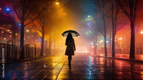 wet road in stromy night with a woman walking at background. photo