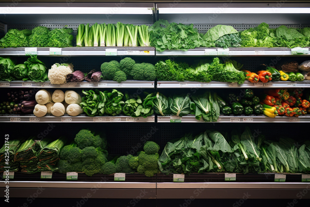 Supermarket organic vegetables shelf . 