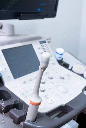 Modern medical equipment. An ultrasound machine scanners and sensors in hospital clinic room