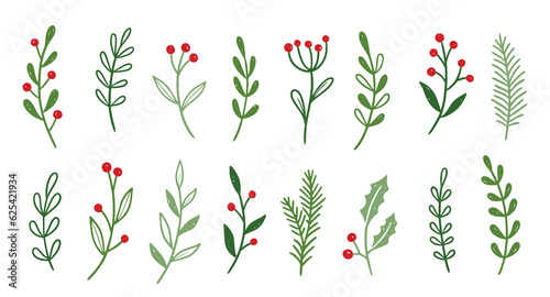 Christmas plant leaf, flower set. Hand drawn doodle sketch holly floral, christmas tree leaves, winter branch elements. Holiday decoration, rustic wreath sketch doodle. Vector illustration.