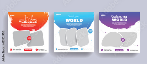 social media post or square banner template for travel holiday tourism promotional marketing agency and promo. tour advertising. flyer. vector brush stroke layout template set.
