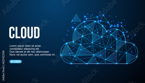 Cloud technology. Polygonal wireframe cloud storage sign on dark blue with dots, stars. Cloud computing, big data Concept illustration or background