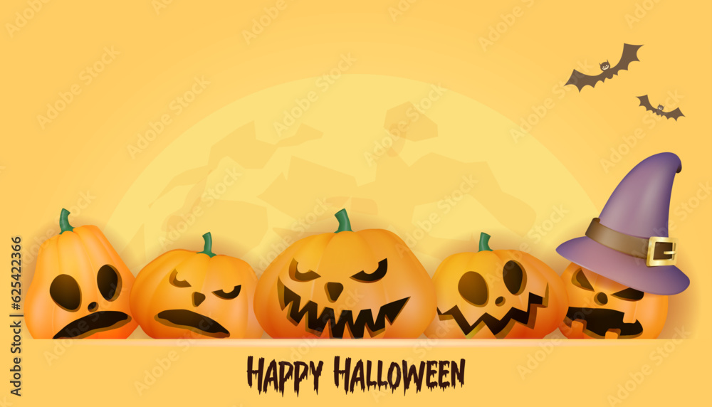 Happy Halloween orange background with pumpkins and moon