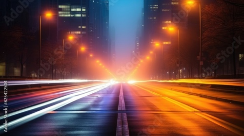 A dramatic foggy or misty road with colorful light from traffic cars through city in the morning sunrise.