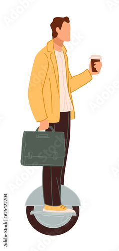 Man with coffee riding on gyroboard or scooter