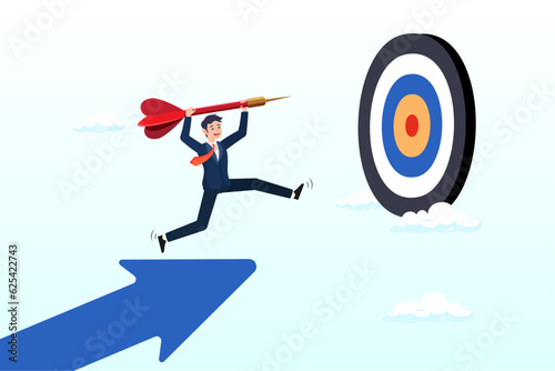 Businessman leader holding dart running from rising graph arrow and jump to bullseye target to win in business strategy, business target achievement or success, reaching for target and goal (Vector)