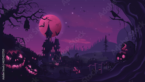 Happy halloween banner or party invitation background with violet fog clouds and pumpkins