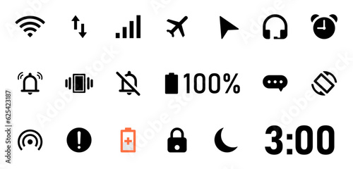 Smartphone status bar icon set. Set of all essential notification bar icons- wi-fi, internet, network, hotspot, alarm, airplane mode, battery percentage, vibration mode, silent, clock and location.