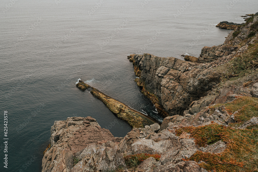 Overhead view of rugged rocky Newfoundland coastline.