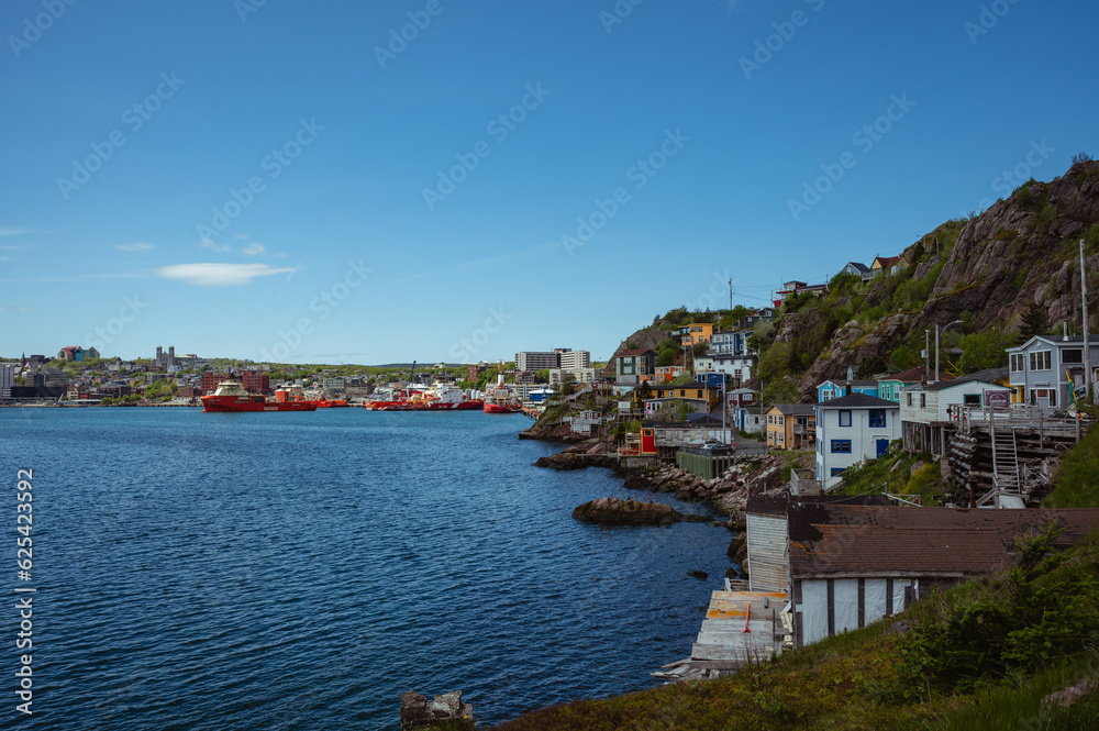 View of houses and boats in harbour of St. John's, Newfoundland.
