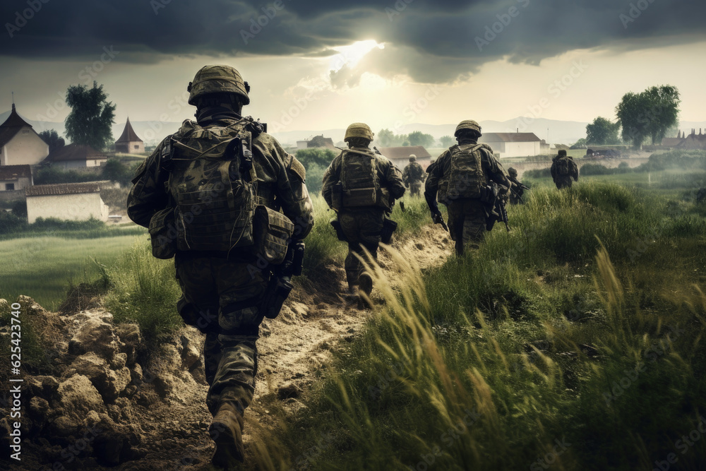 Contemporary Soldiers Patrolling Countryside War Zone. Generative AI Contemporary Soldiers Patrolling Countryside War Zone. Generative AI