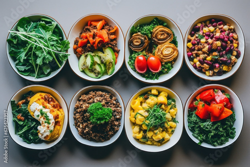 Vegetarian or vegan meals showcasing a balance of protein, carbohydrates, and vegetables.