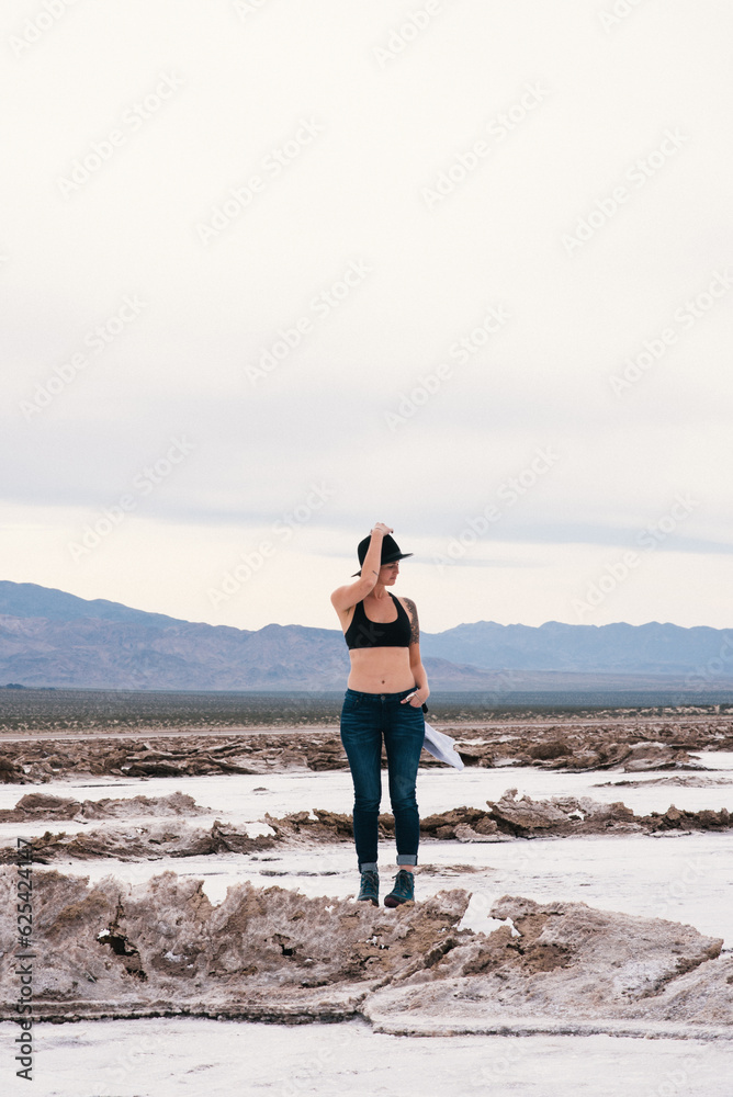 Young Woman in Adventuring in Salt Fields of Southern California