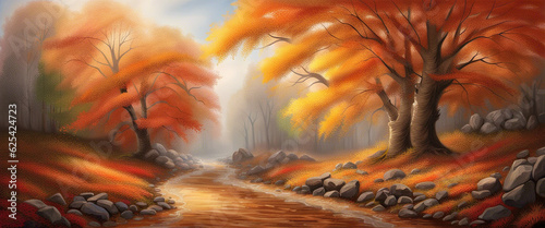 banner landscape autumn forest near the river, orange leaves landscape of yellowish trees and mountain river with stones in the season of autumn. Generative AI Technology. High quality 