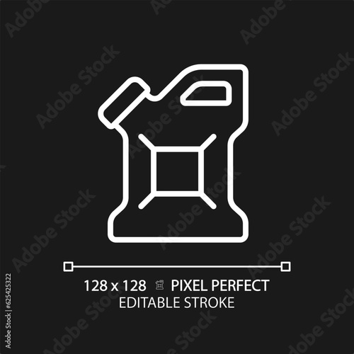 Jerrycan white linear icon for dark theme. Plastic canister. Jerry can. Motor oil bottle. Fuel container. Diesel can. Thin line illustration. Isolated symbol for night mode. Editable stroke