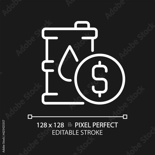 Oil price white linear icon for dark theme. Energy transition. Petrol barrel. Stock market. Fuel economy. Global trade. Thin line illustration. Isolated symbol for night mode. Editable stroke