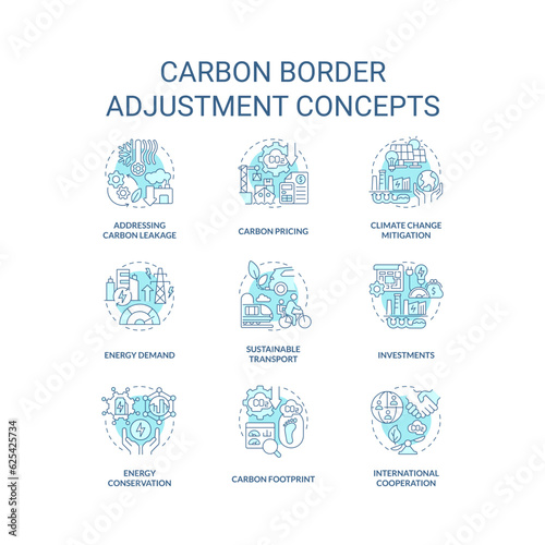 2D blue icons set representing carbon border adjustment linear concepts, isolated vector, thin line illustration.
