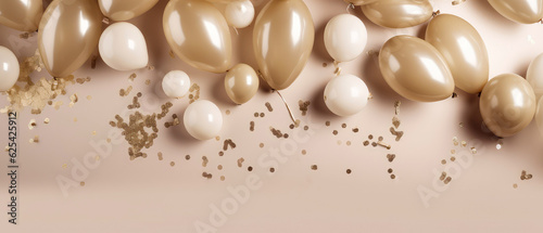 Luxury holidays beige background with balloons,golden confetti, sparkles, lights. Anniversary. Banner for birthday, party, Topp view. Flat lay. Generative Ai.