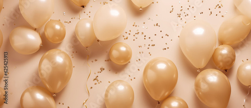 Luxury holidays beige background with balloons,golden confetti, sparkles, lights. Anniversary. Banner for birthday, party, Topp view. Flat lay. Generative Ai.