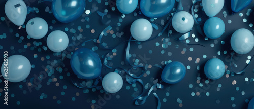 Holidays blue background with deep blue balloons, confetti, sparkles, lights. Anniversary. Banner for birthday, party, Topp view. Flat lay. Generative Ai.