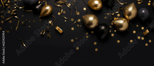 Luxury holidays background with black golden balloons  confetti  sparkles  lights. Anniversary. Banner for birthday  party  Topp view. Flat lay. Generative Ai.