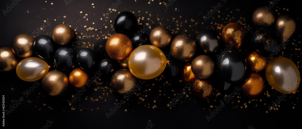 Luxury holidays background with black,golden balloons, confetti, sparkles, lights. Anniversary. Banner for birthday, party, Topp view. Flat lay. Generative Ai. Luxury holidays background with black,golden balloons, confetti, sparkles, lights. Anniversary. Banner for birthday, party, Topp view. Flat lay. Generative Ai.
