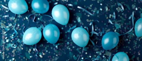Holidays blue background with deep blue balloons, confetti, sparkles, lights. Anniversary. Banner for birthday, party, Topp view. Flat lay. Generative Ai. © Inai