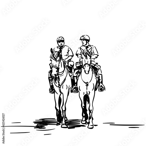 Sketch of horse police of Santiago de Chile, Two police officers ride horses next to each other, Vector hand drawn illustration