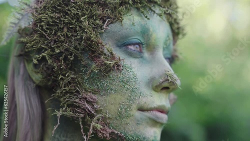 Close up of a female avatar wearing green bodypaint watching forwards in a forest, in the style of nature-inspired forms photo