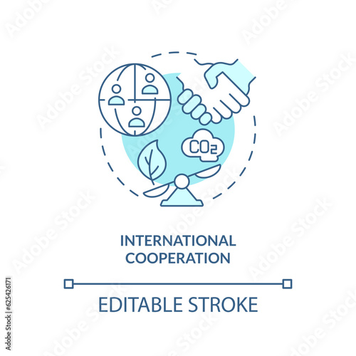 Editable international cooperation linear concept, isolated vector, blue thin line icon representing carbon border adjustment.