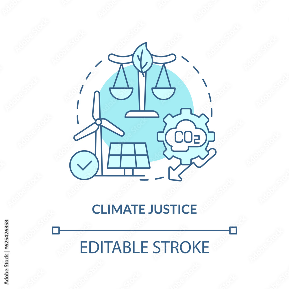Editable climate justice linear concept, isolated vector, blue thin line icon representing carbon border adjustment.