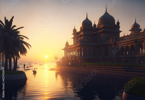 mumbai city architecture on coast of Arabian Sea at sunrise, metropolis during sunrise, heritage building India. Travel Photograph photo