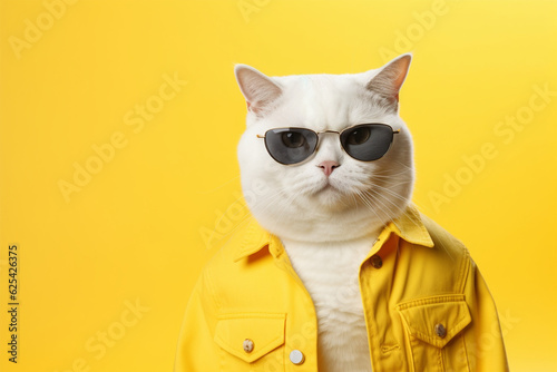 Fototapeta cute cat wearing glasses  and shirt white background