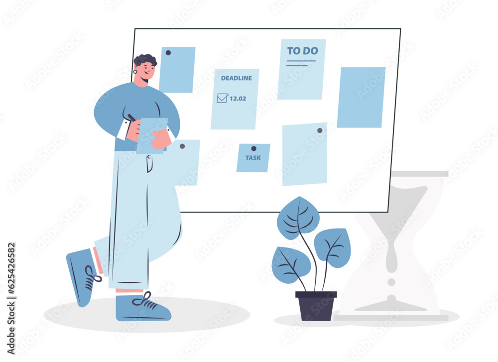 Adult male standing near board and making notes. Managing time efficiently by juggling different tasks simultaneously. Wise timing concept. Flat vector illustration in cartoon style