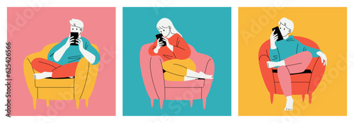 People sitting on chairs and looking at the smartphone screen