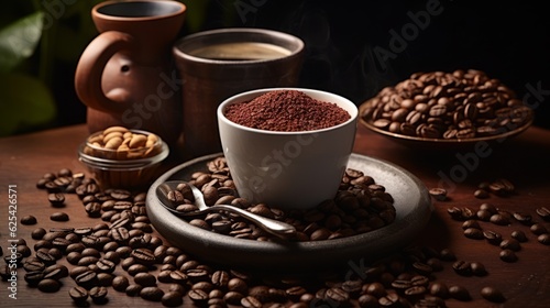 A collection of various coffee beans and a cup