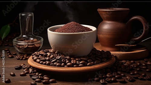 A collection of various coffee beans and a cup
