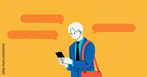 Business person using smartphone, message balloon