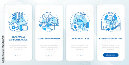 Linear blue icons representing carbon border adjustment mobile app screen set. 4 steps graphic instructions, UI, UX, GUI template.