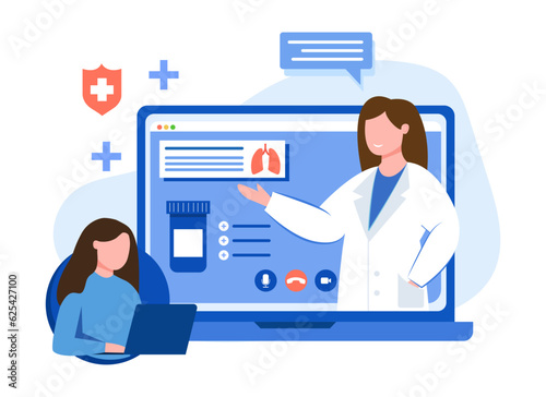 Woman calling to nurse, and asking about treatment. Professional doctor consulting remotely. Providing medical advice to patient. Flat vector illustration in blue colors in cartoon style