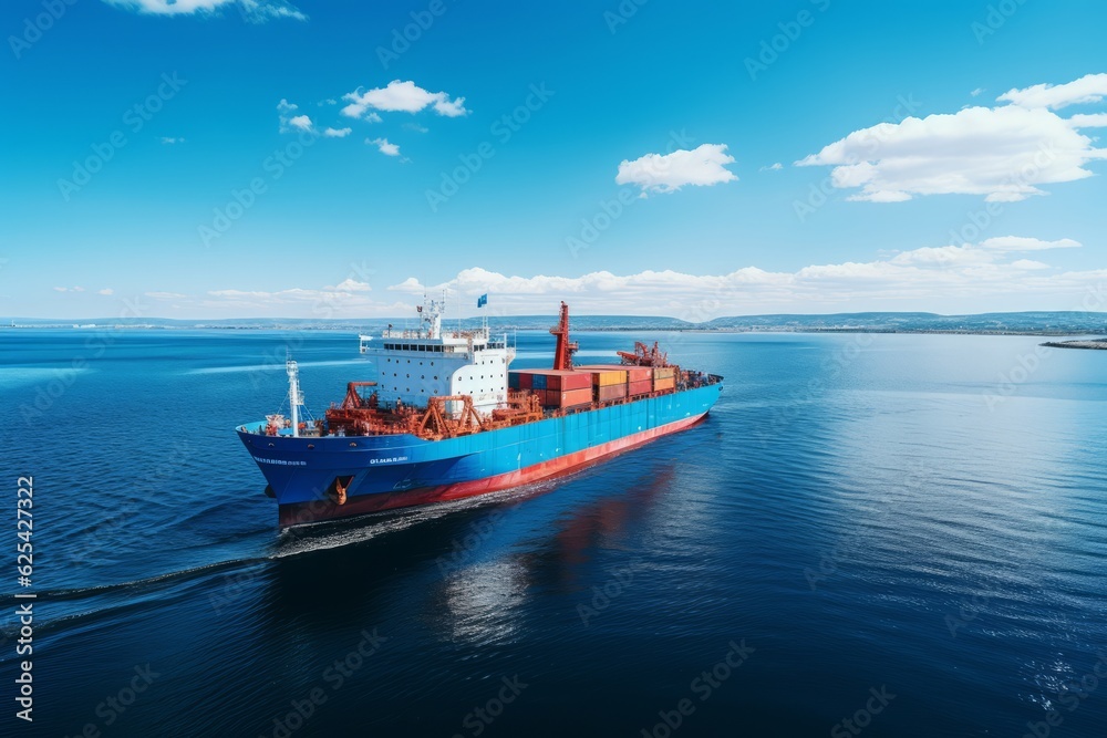 Cargo Ship Sailing Through A Calm Blue Ocean, Generative AI 