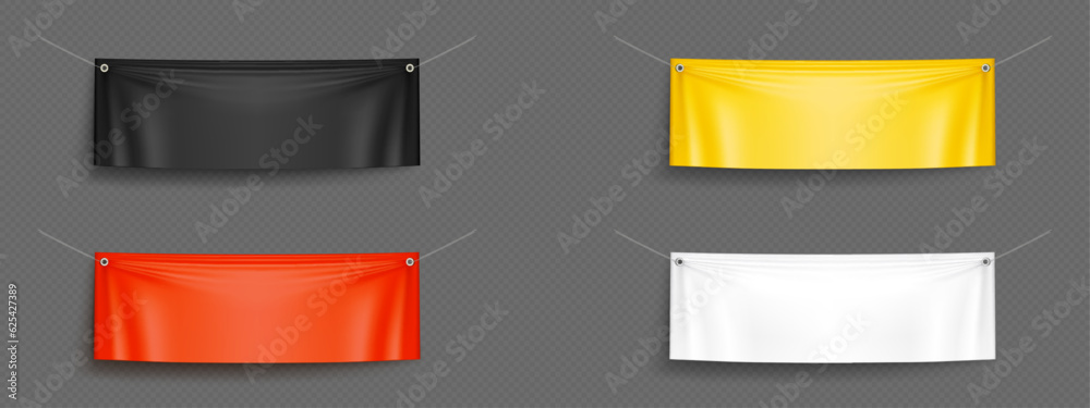 Realistic set of fabric banners hanging on ropes isolated on transparent background. Vector illustration of horizontal poster mockups in yellow, red, black, white colors, blank background for text Realistic set of fabric banners hanging on ropes isolated on transparent background. Vector illustration of horizontal poster mockups in yellow, red, black, white colors, blank background for text